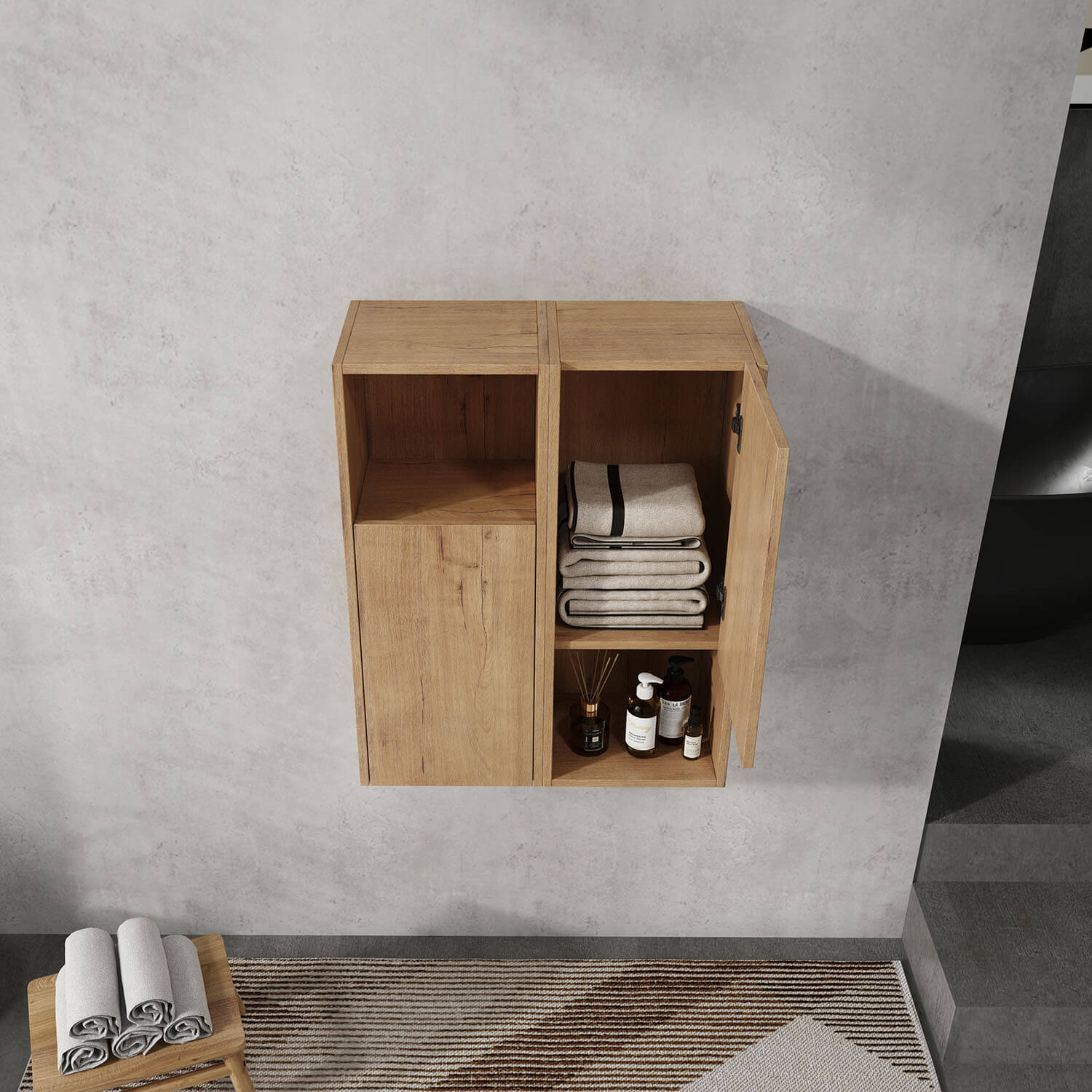 24 inch White Oak Bathroom Wall Cabinet-Soft Close Doors and Open Shelves