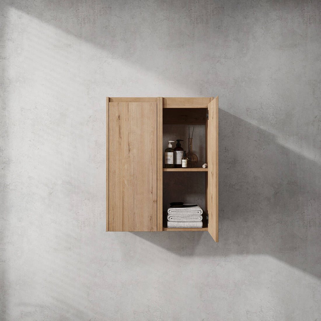 24 inch White Oak Bathroom Wall Cabinet with Soft Close Doors and Shelves