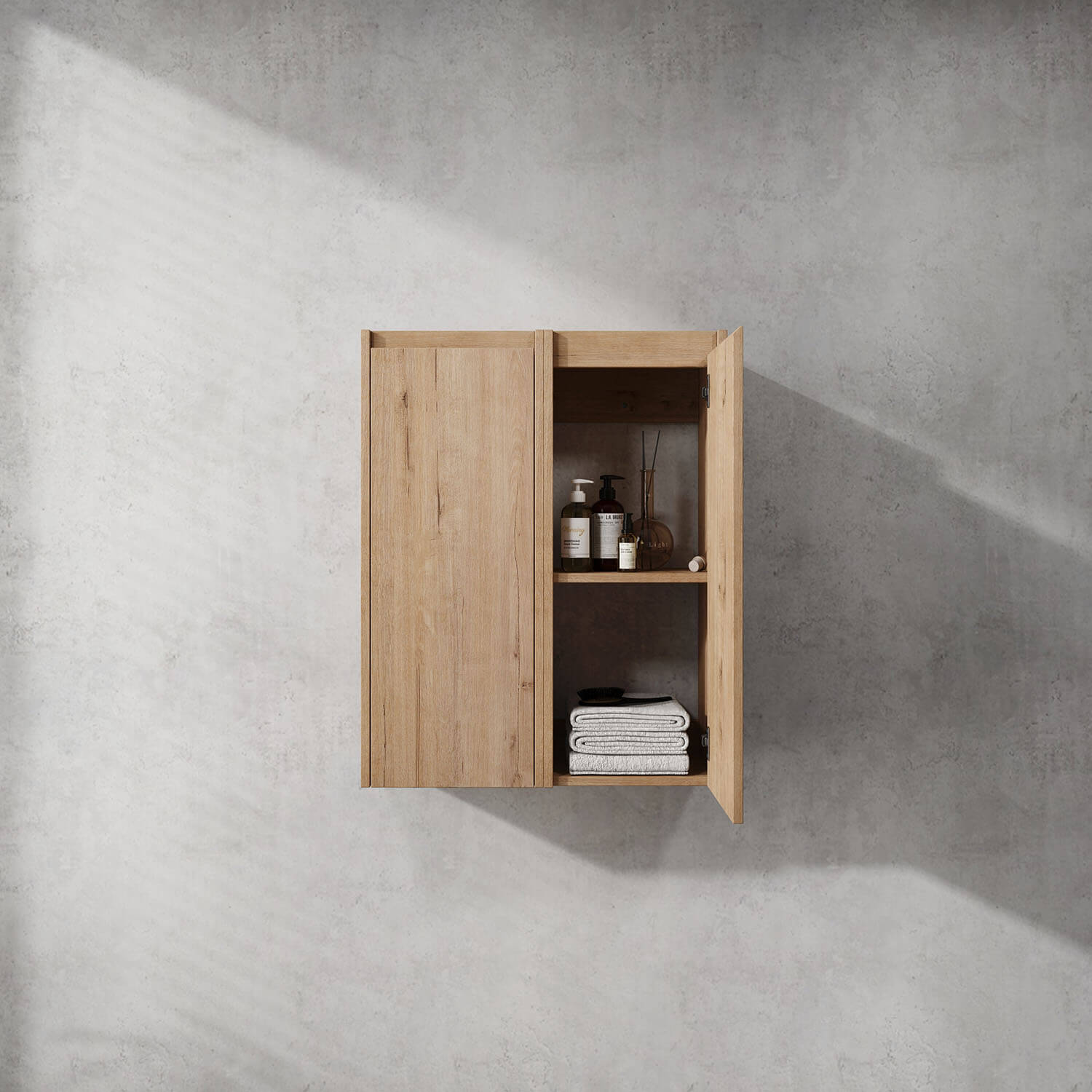 24 inch White Oak Bathroom Wall Cabinet with Soft Close Doors and Shelves