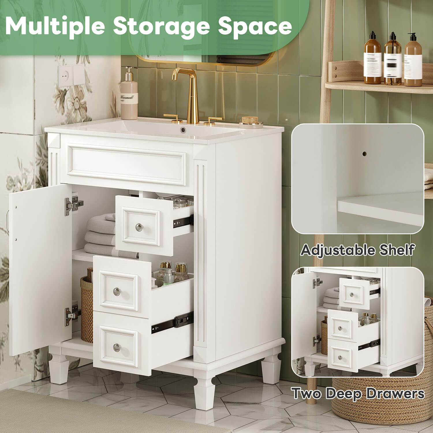 24 inch bathroom vanity with two drawers and adjustable shelf storage