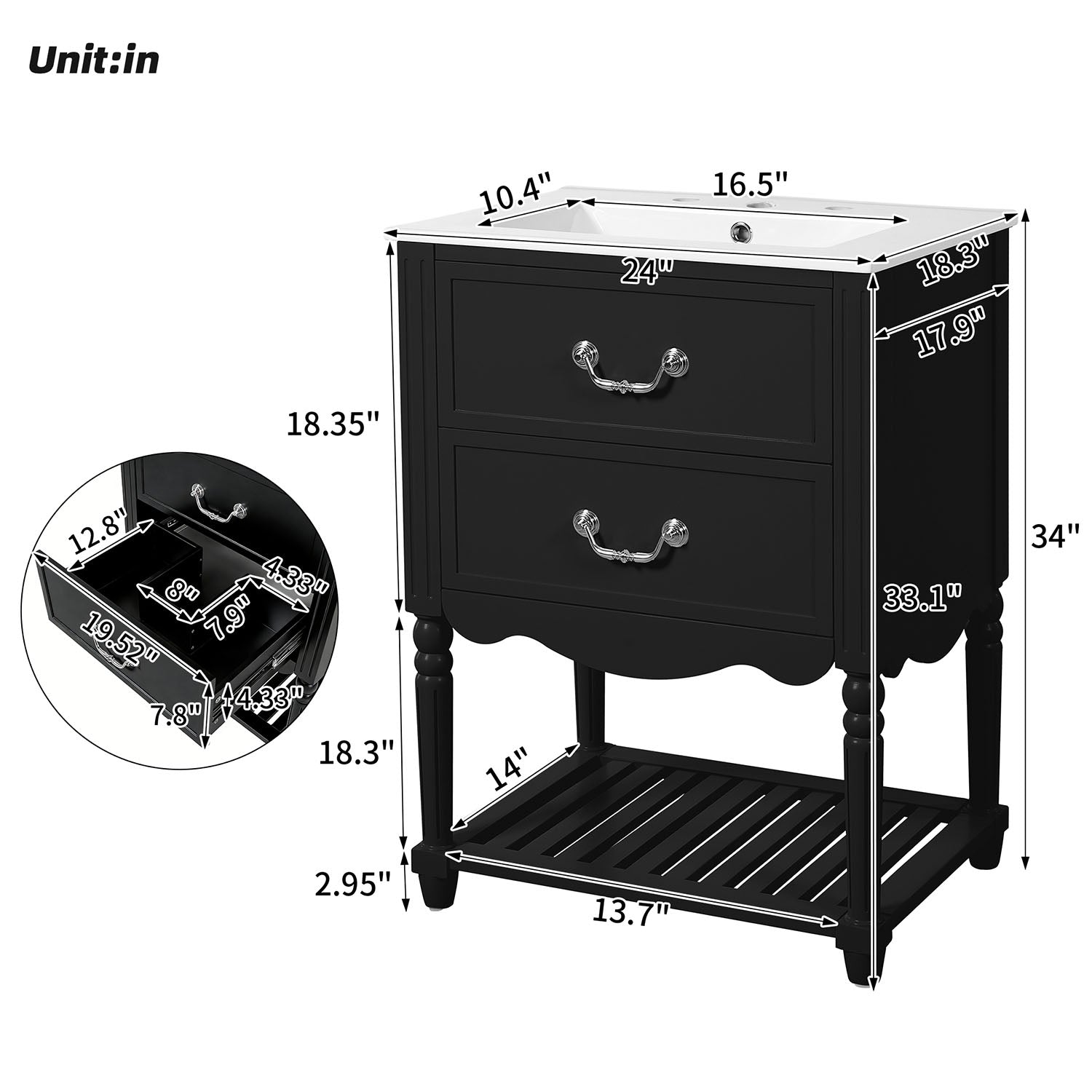 24 inch black bathroom vanity dimensions