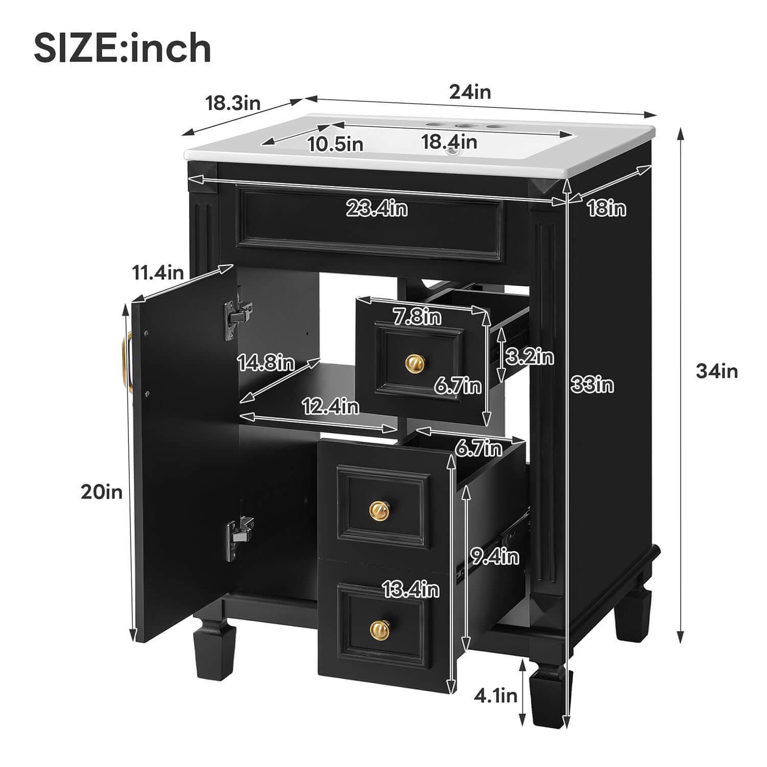 24 inch black freestanding bathroom vanity Dimensions