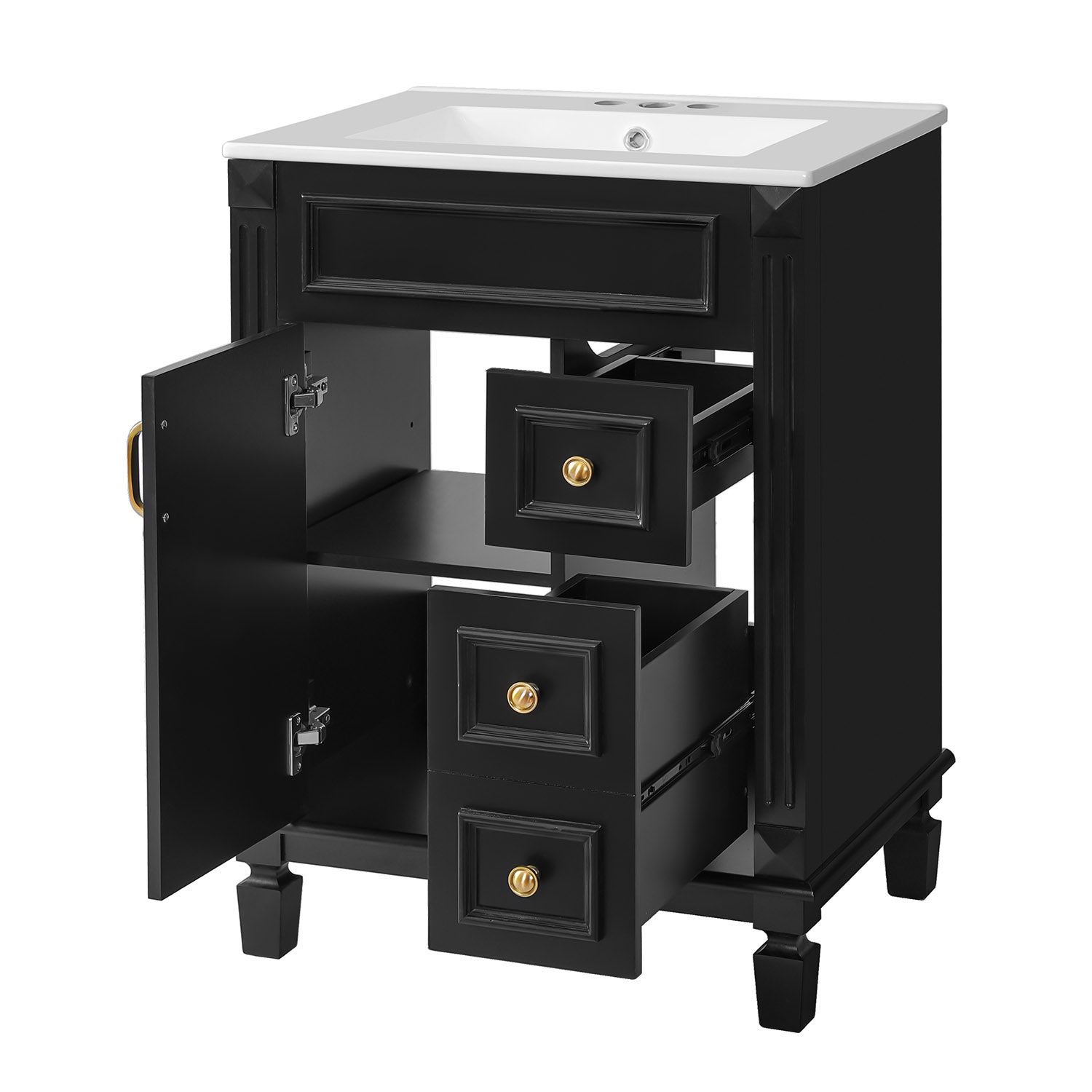 24 inch black vanity cabinet with ceramic sink and organized storage