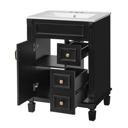 24 inch black vanity cabinet with ceramic sink and organized storage