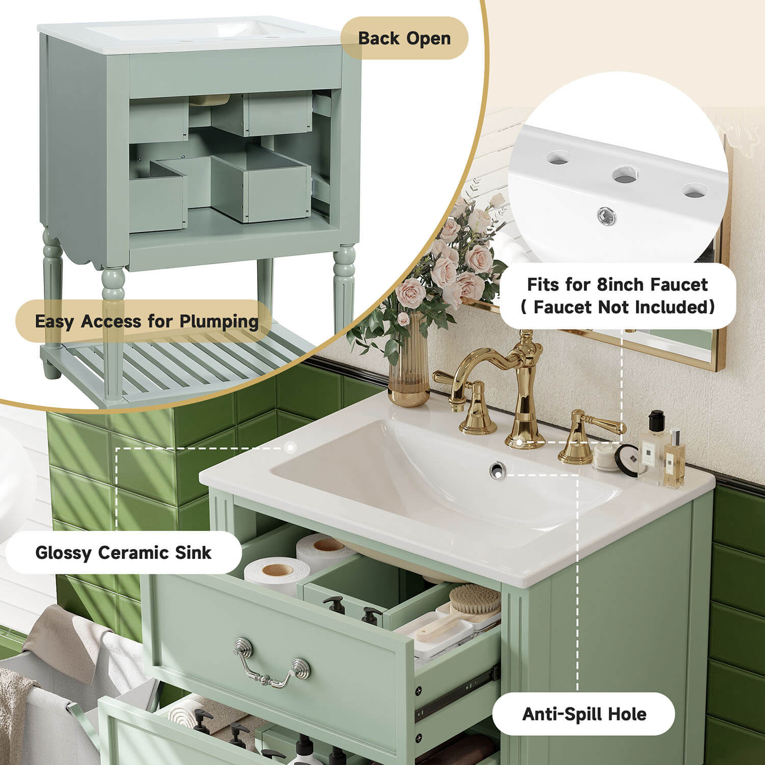 24 inch green vanity with ceramic sink and space saving design