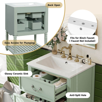 24 inch green vanity with ceramic sink and space saving design