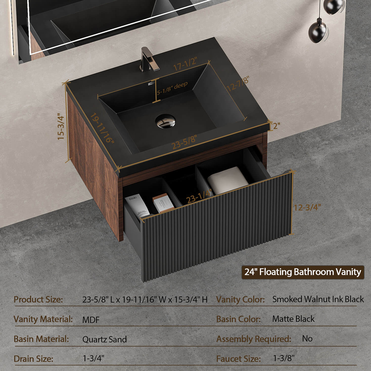 24 inch walnut and black fluted floating vanity dimension