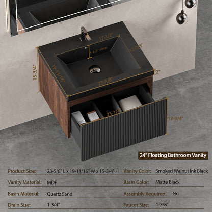 24 inch walnut and black fluted floating vanity dimension
