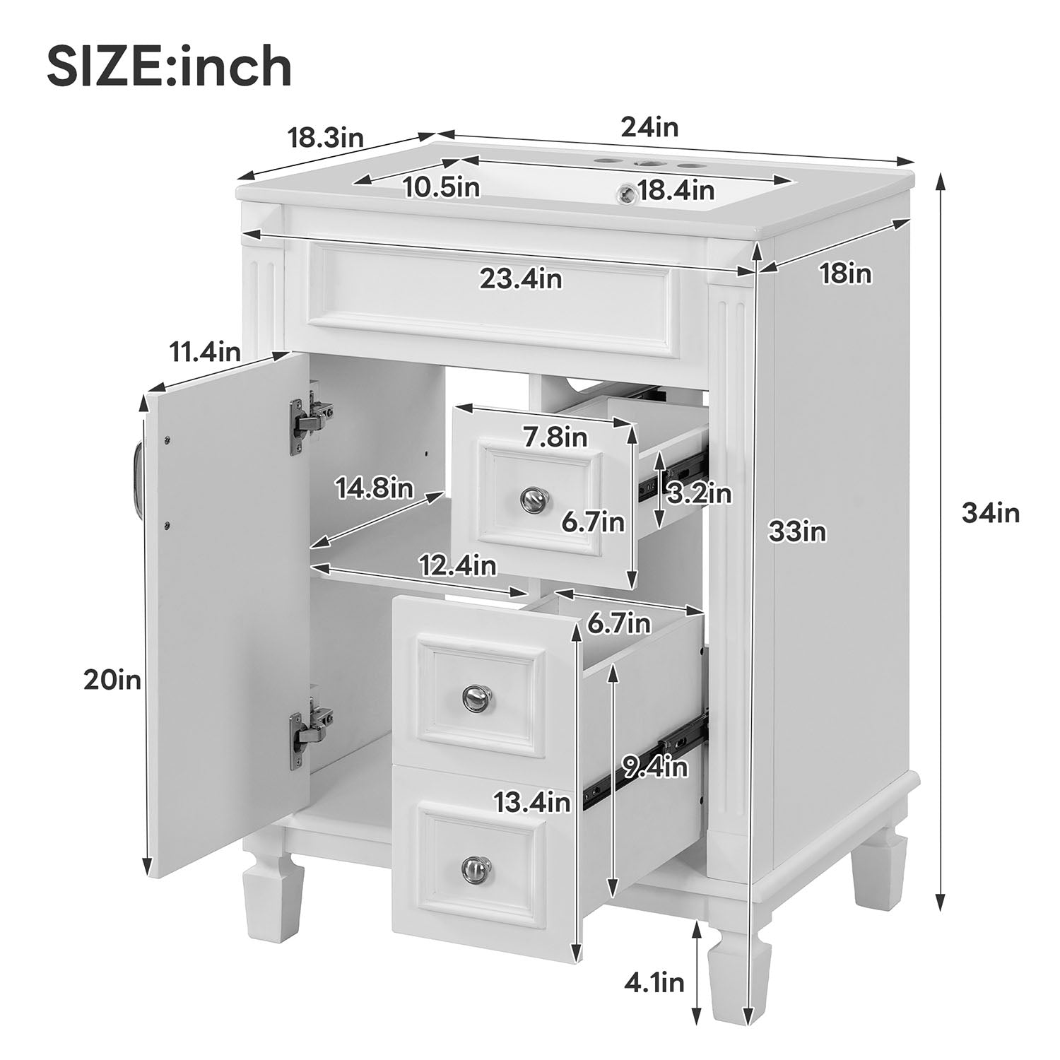 24 inch white bathroom vanity dimensions