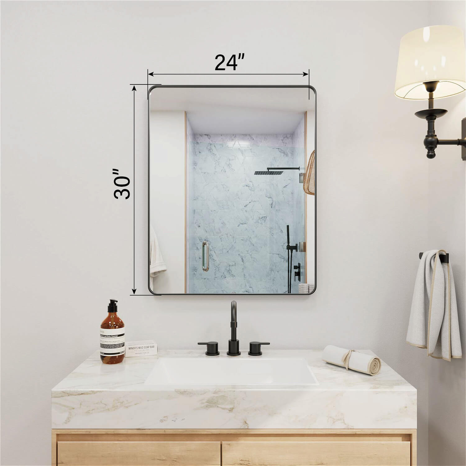 24 x 30 inches black framed rectangular bathroom mirror