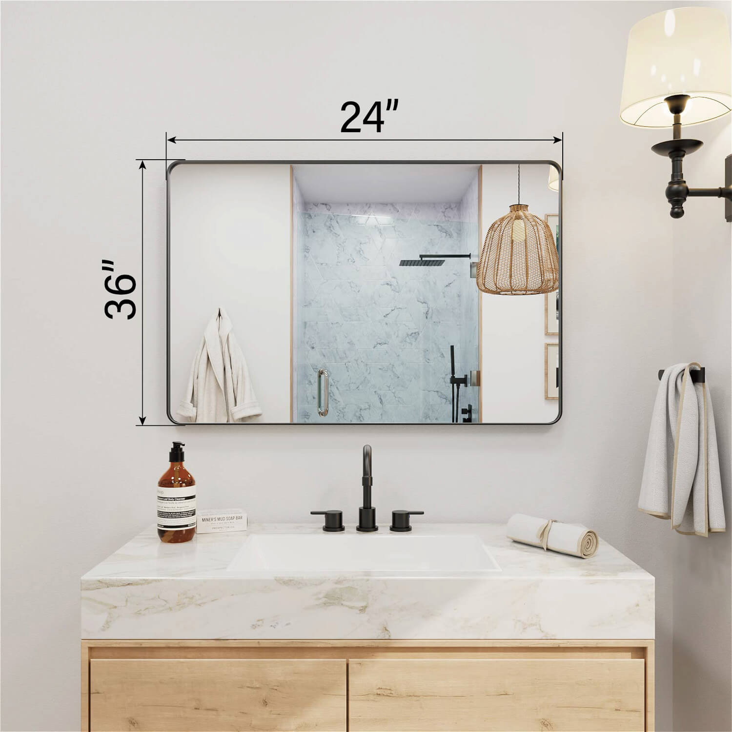 24 x 36 inches wide black framed rectangular bathroom mirror