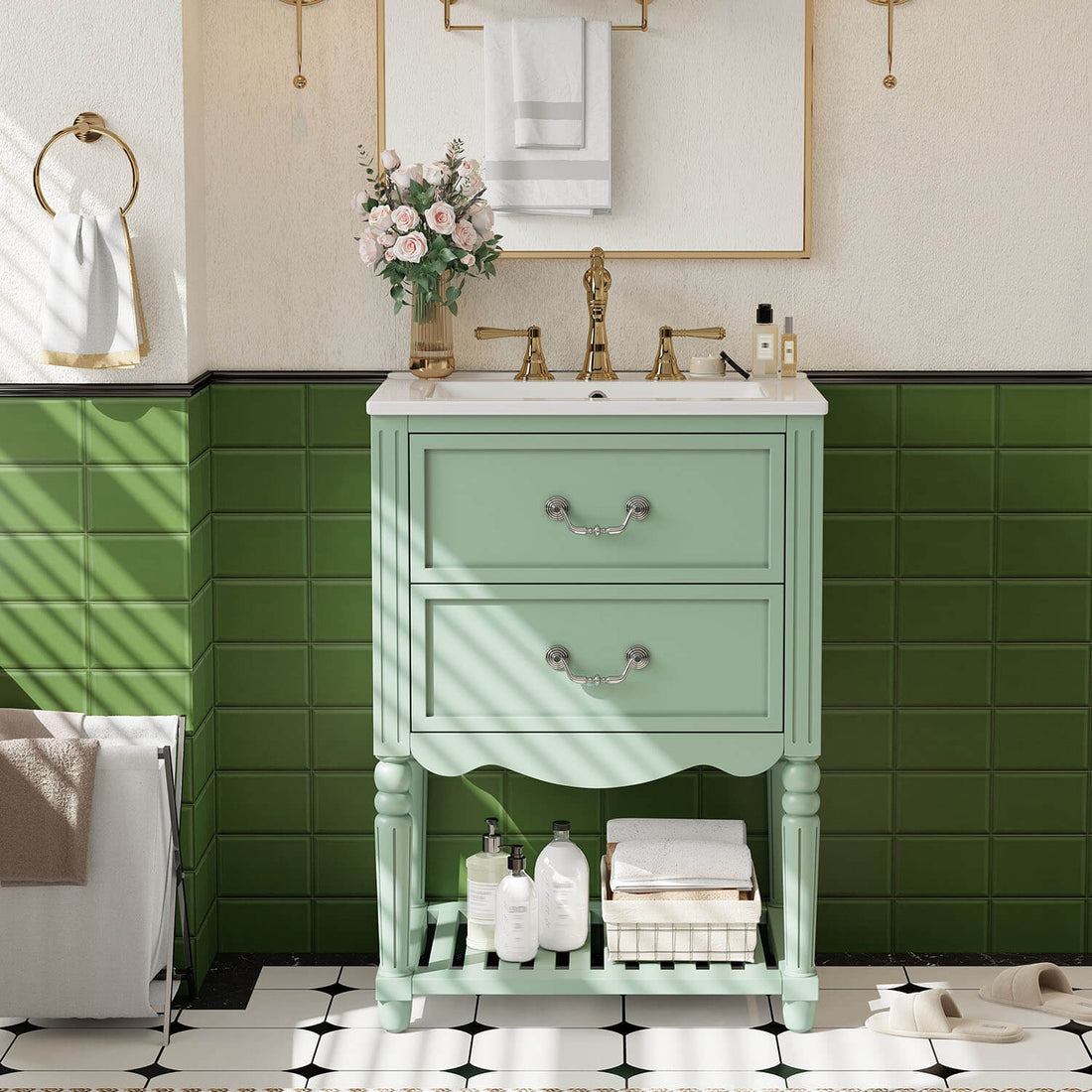 24inch Vintage Green Bathroom Vanity with Wave Design