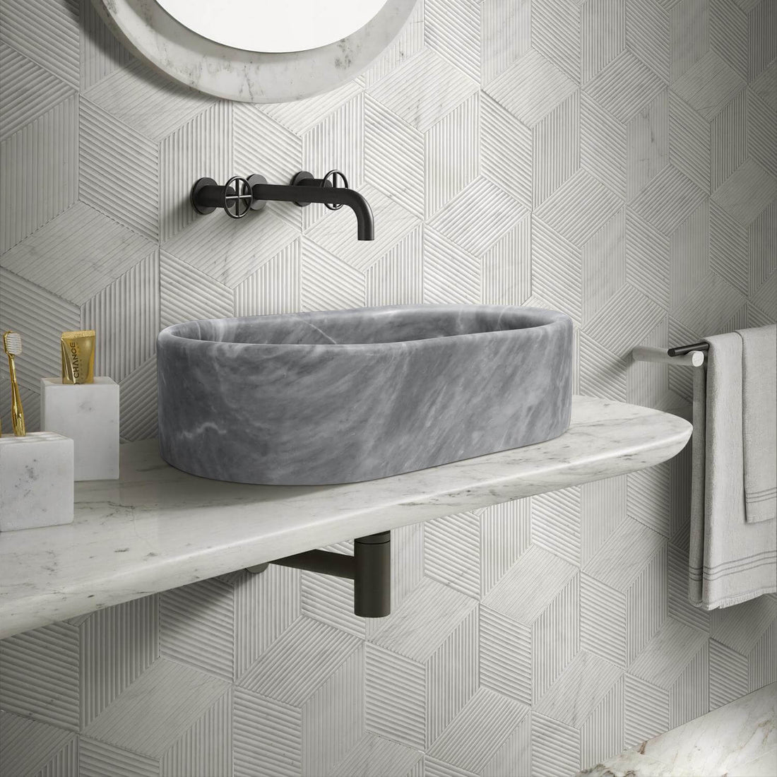 24" Gray Marble Oval Vessel Sink for Bathroom Vanity Countertop