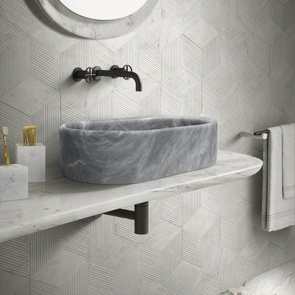 24" Gray Marble Oval Vessel Sink for Bathroom Vanity Countertop