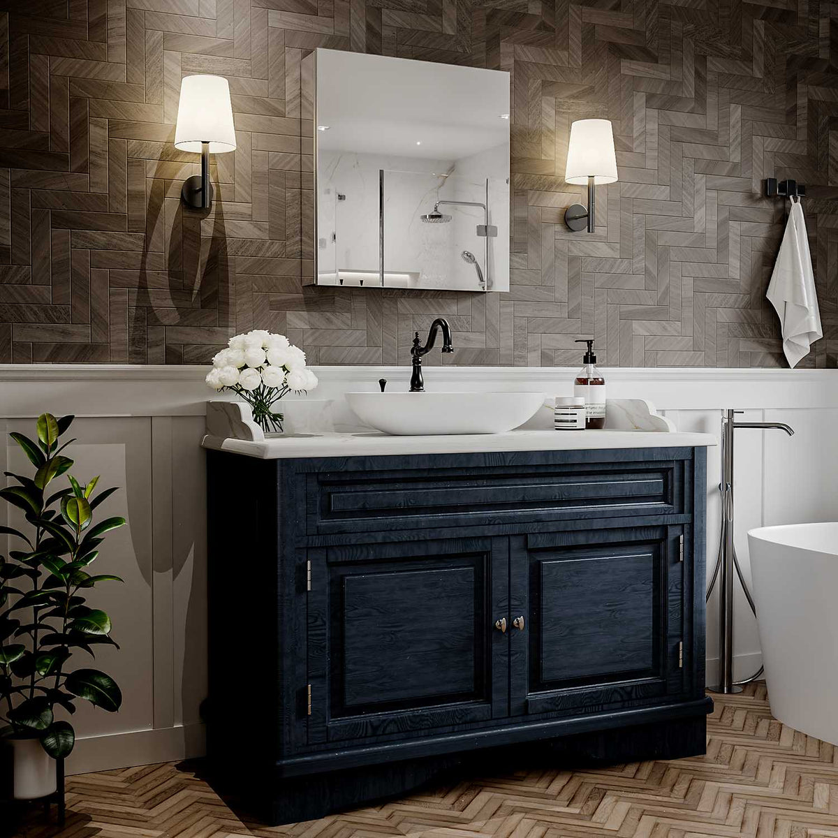 24 x 26-inch mirrored medicine cabinet above a blue bathroom vanity.