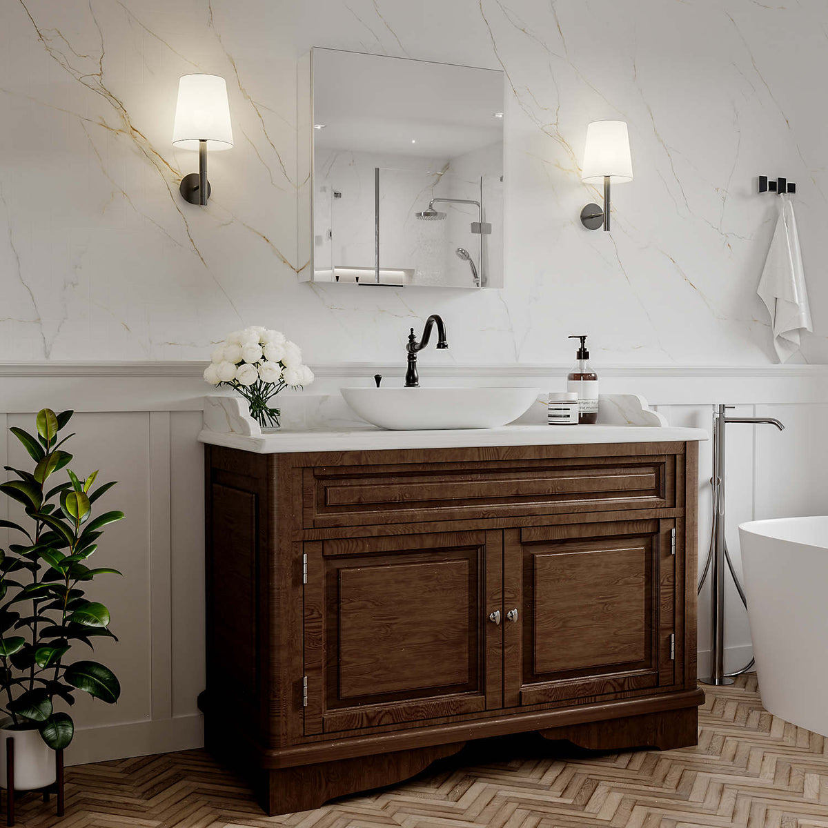 24 x 26-inch mirrored medicine cabinet above a brown bathroom vanity.