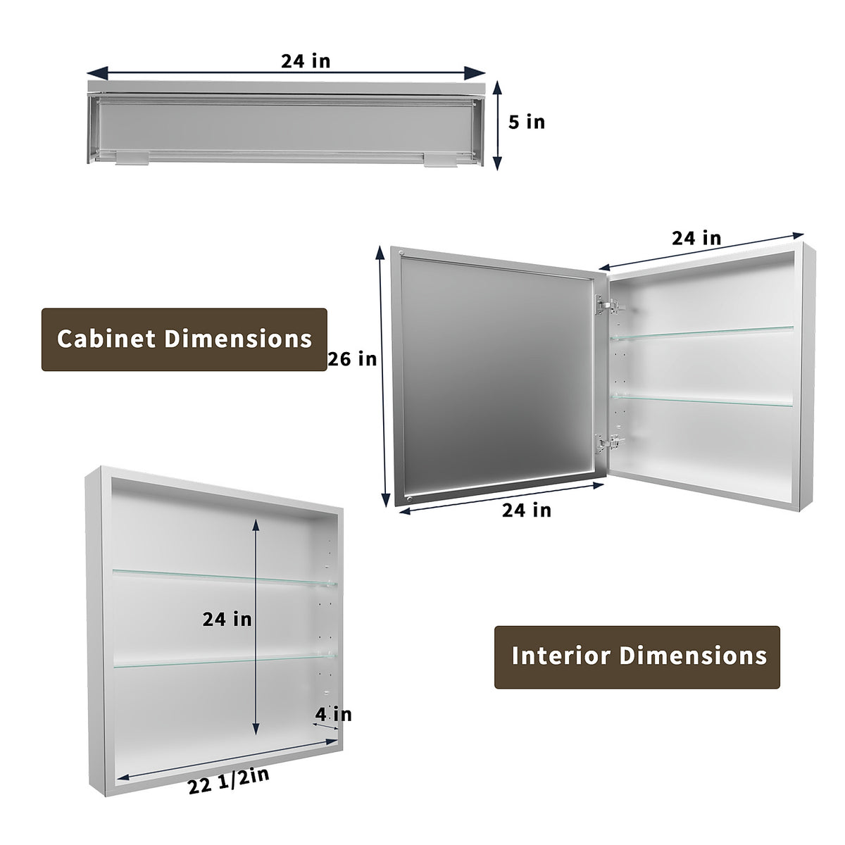 24 x 26-inch medicine cabinet showing exterior and interior dimensions.