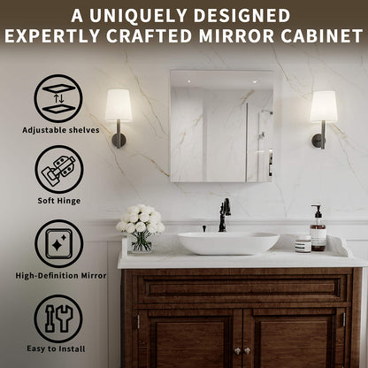 24 x 26-inch mirror cabinet highlighting adjustable shelves and soft-close hinges.