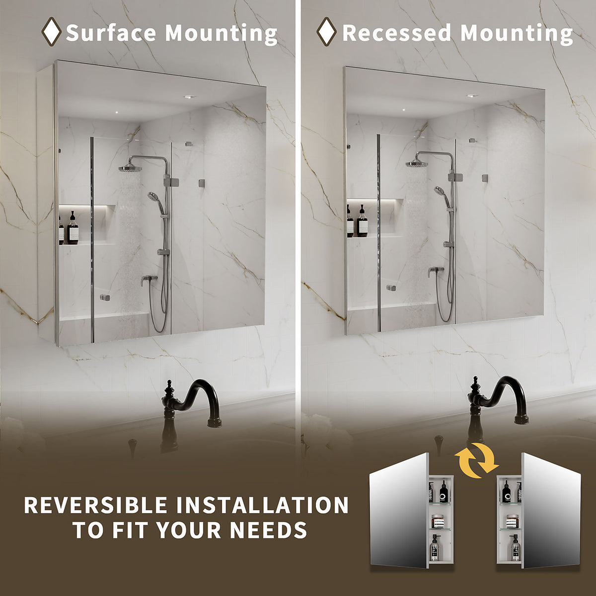 24 x 26-inch medicine cabinet showing surface and recessed mounting options.