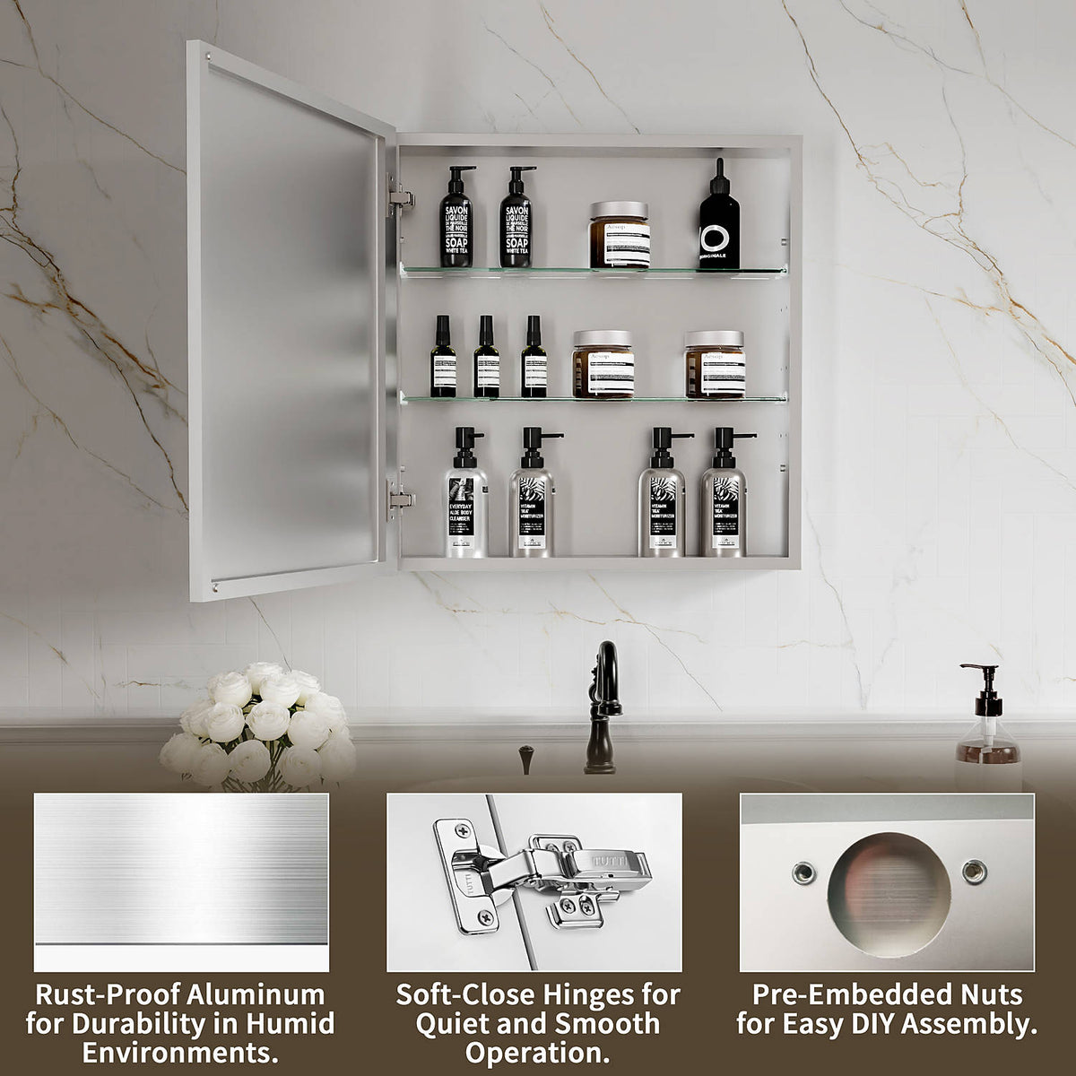 24 x 26-inch medicine cabinet with open doors, shelves and toiletries.
