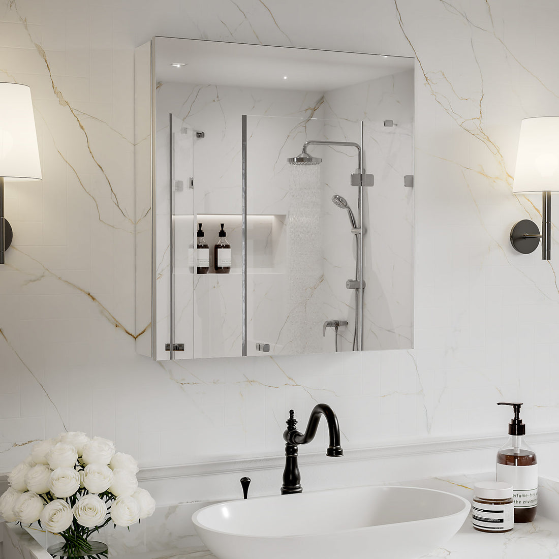 24 x 26-inch mirrored medicine cabinet above a sink on a white marble wall.