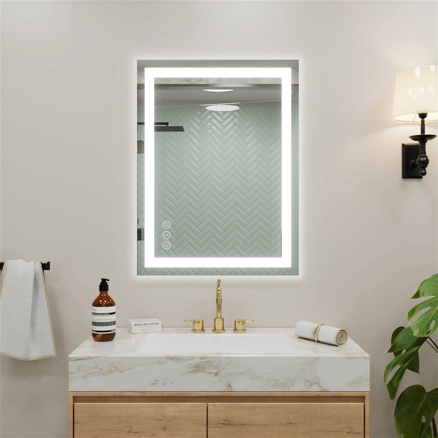 24x32 inch vertical LED bathroom mirror with touch control buttons and edge lighting