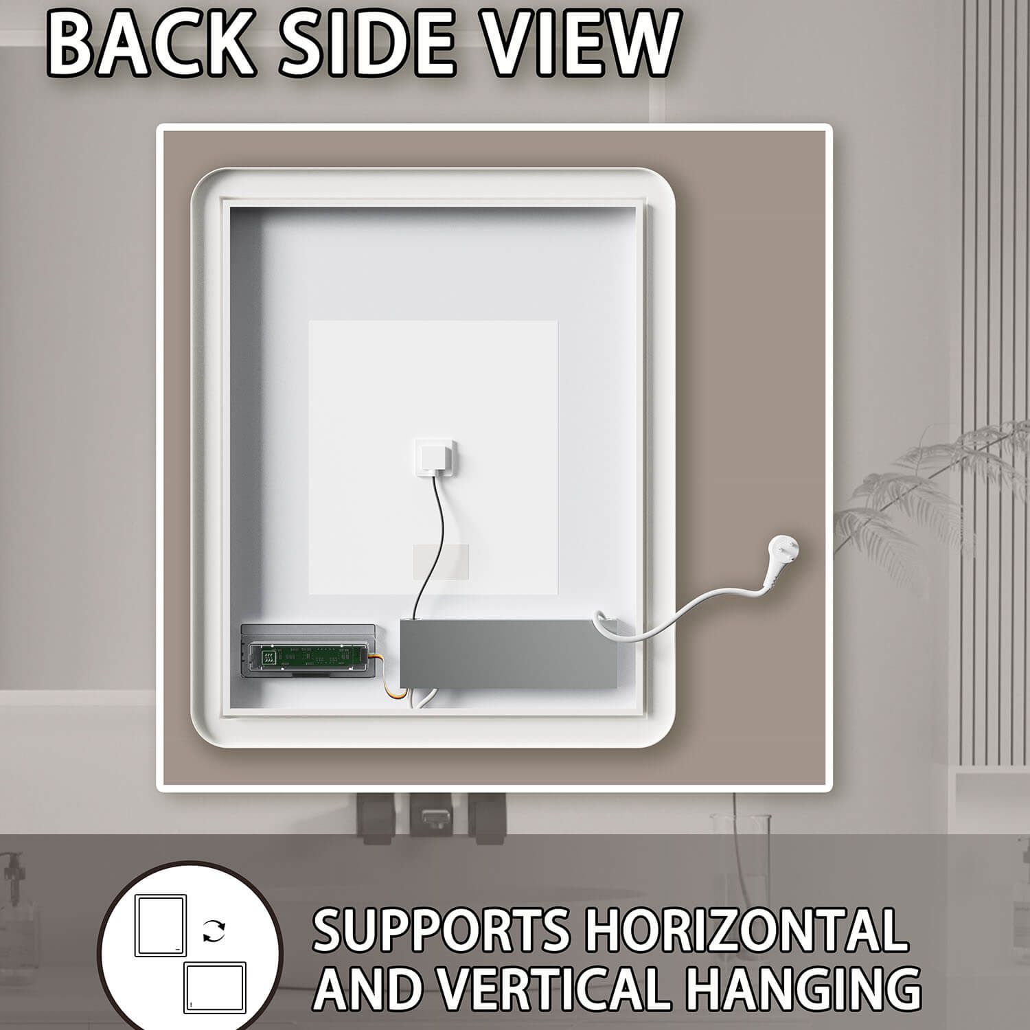 24x32in.Frameless Wall-Mount Anti-Fog LED Bathroom Mirror Back View