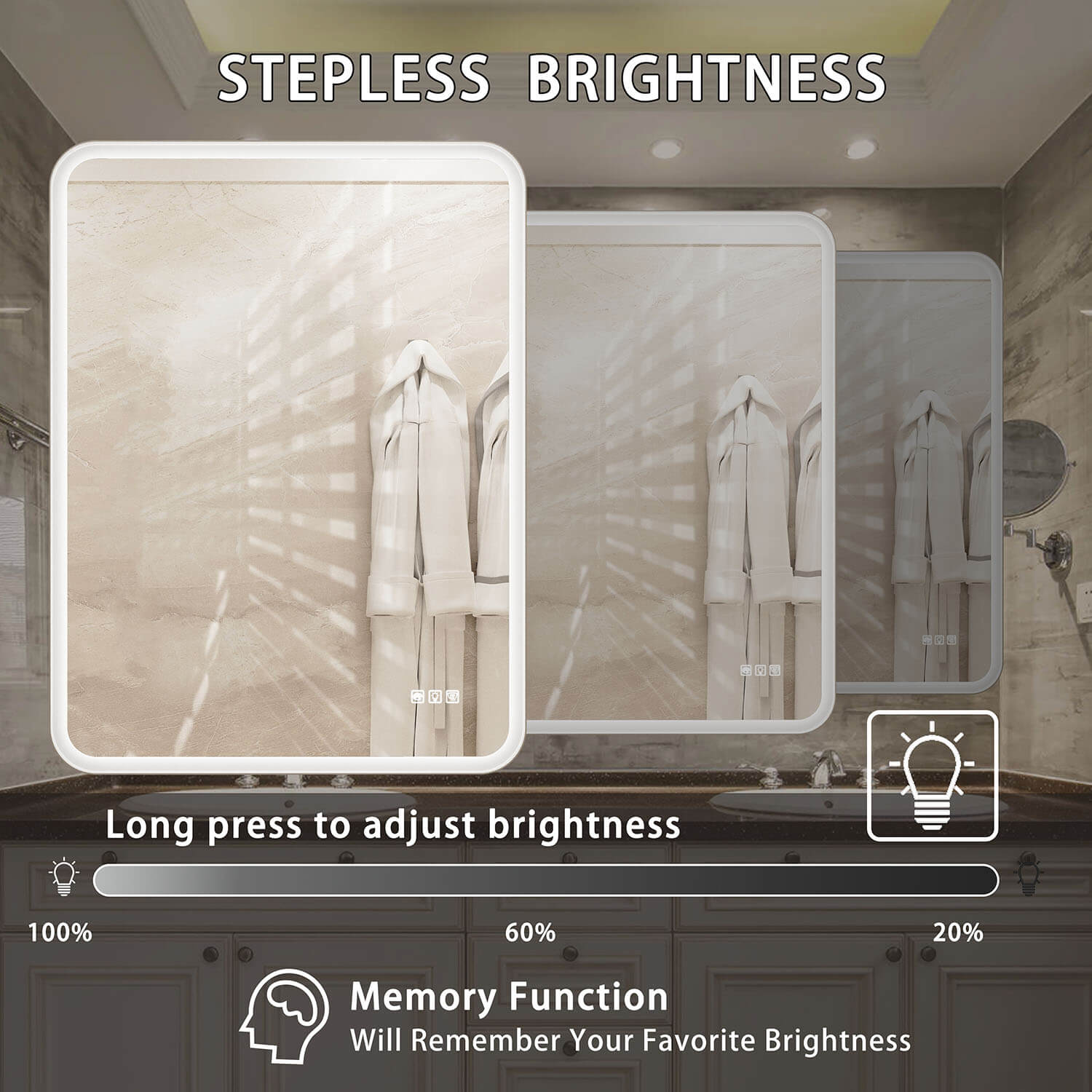 24x32in. Frameless Anti-Fog LED Bathroom Mirror with Memory Function