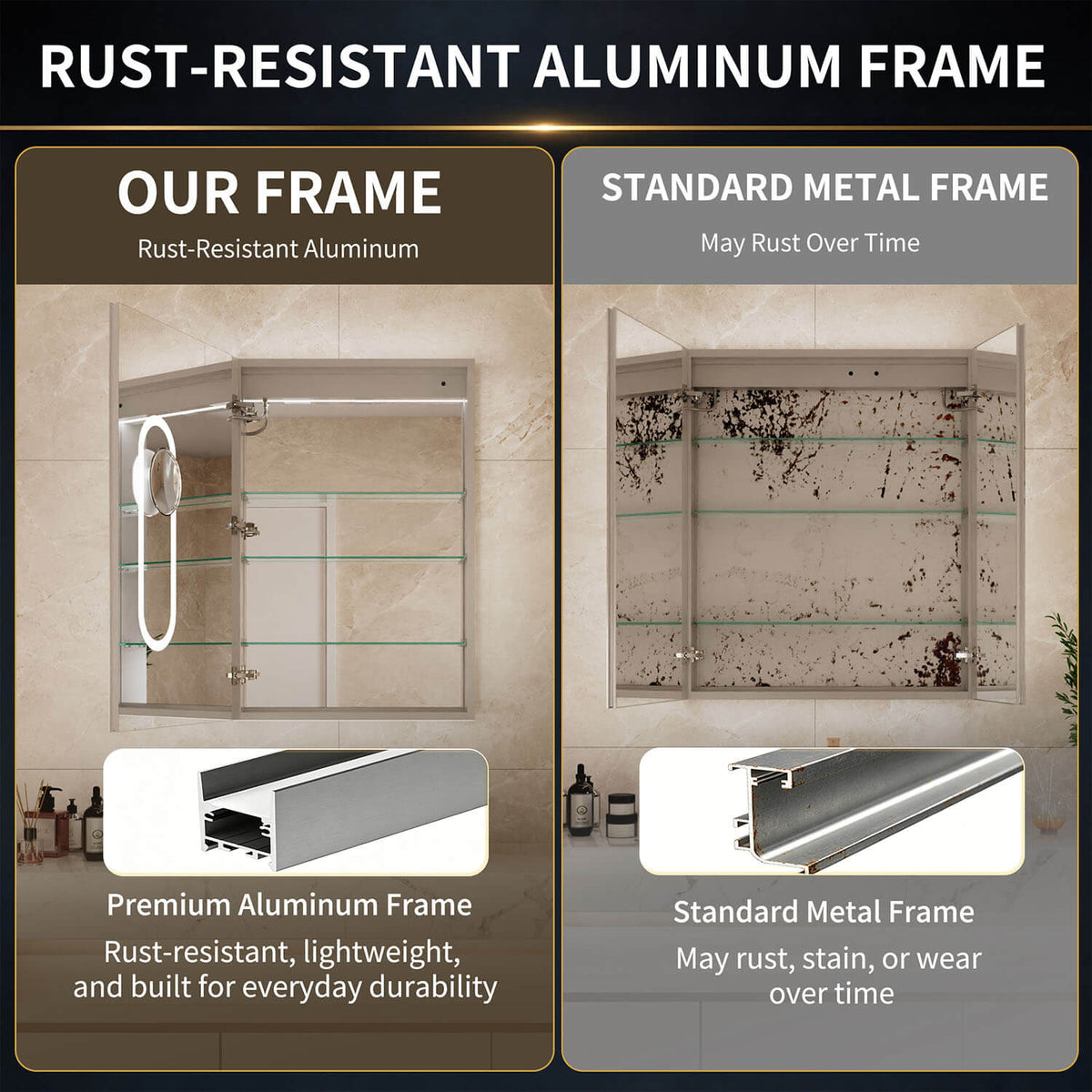 Frame comparison graphic for a 24 x 36-inch left single-door LED medicine cabinet with mirror, showing aluminum construction beside a standard metal frame.