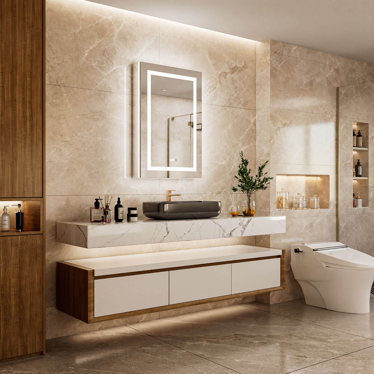 Angled bathroom view of a 24 x 36-inch left single-door LED medicine cabinet with mirror above a floating vanity beside a bathtub.