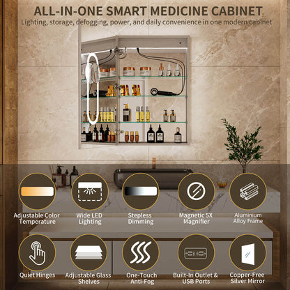 Feature overview of a 24 x 36-inch left single-door LED medicine cabinet with mirror, showing open storage and icons for lighting, shelves, anti-fog and charging ports.