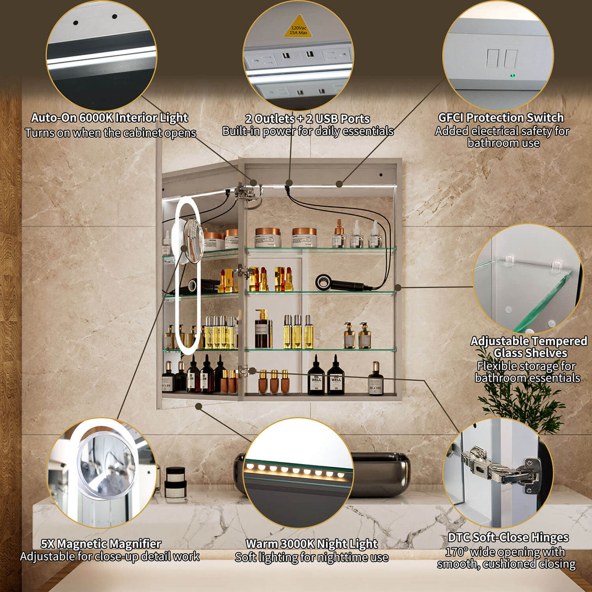 Interior detail graphic for a 24 x 36-inch left single-door LED medicine cabinet with mirror, showing shelves, electrical ports, hinges, magnifying mirror and lighting.