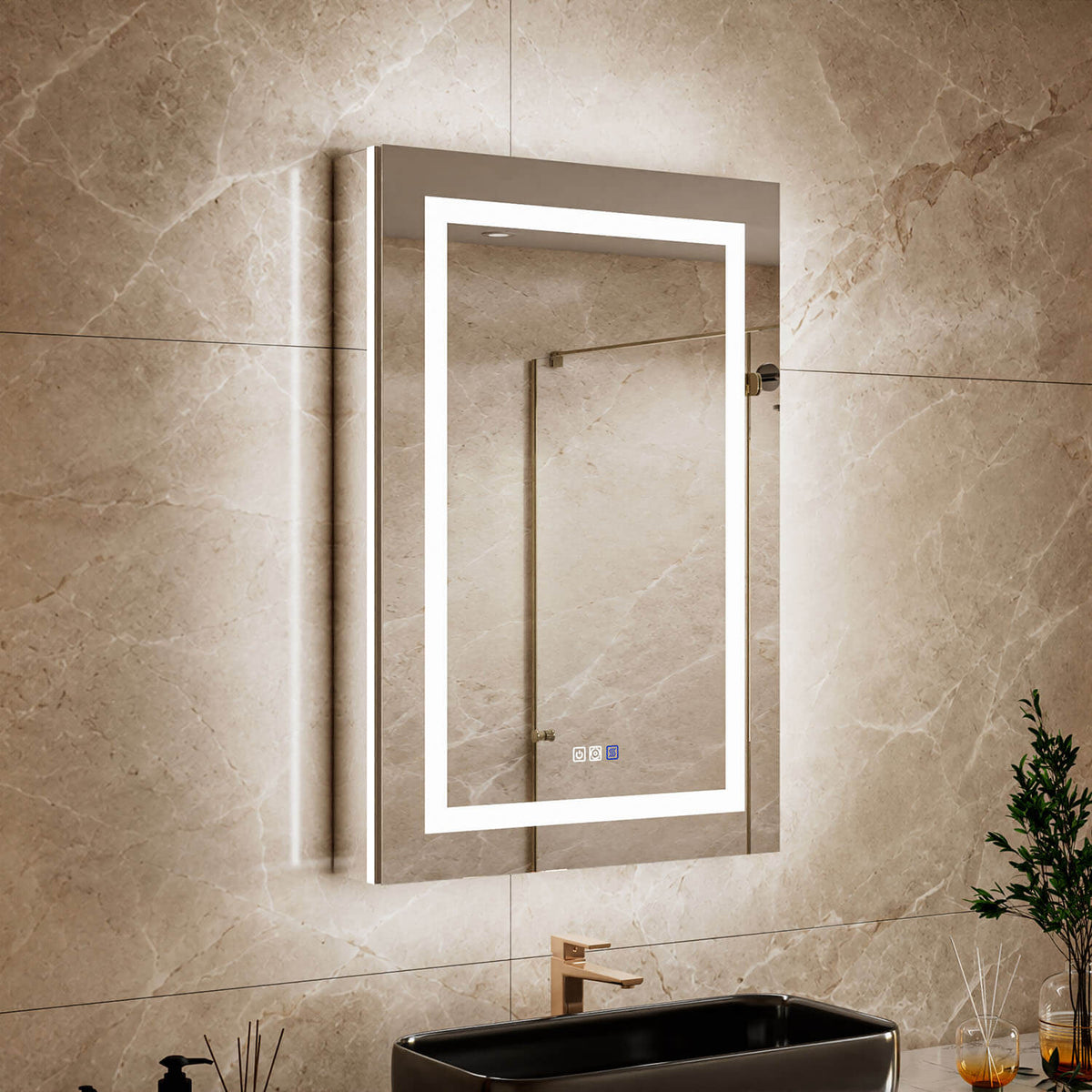 Close-up bathroom view of a 24 x 36-inch left single-door LED medicine cabinet with mirror with illuminated mirror edges above a black vessel sink.
