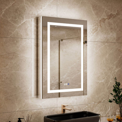 Close-up bathroom view of a 24 x 36-inch left single-door LED medicine cabinet with mirror with illuminated mirror edges above a black vessel sink.