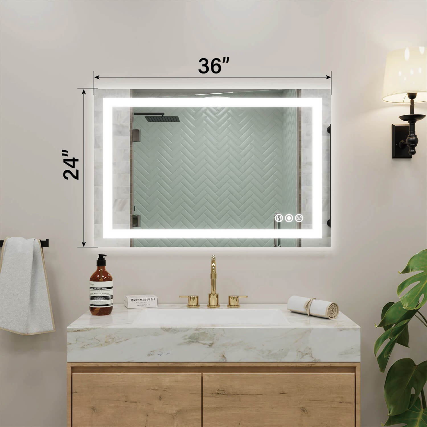 24x36 inch LED bathroom mirror with dimension markings and edge illumination