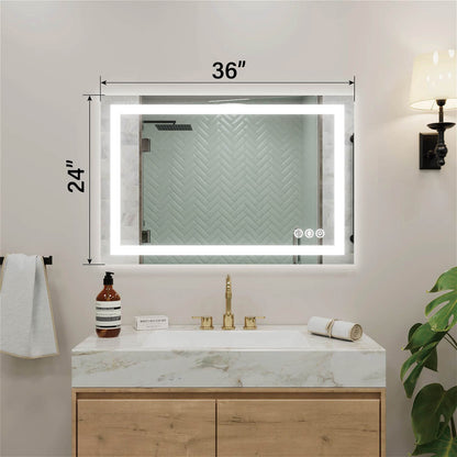 24x36 inch LED bathroom mirror with dimension markings and edge illumination