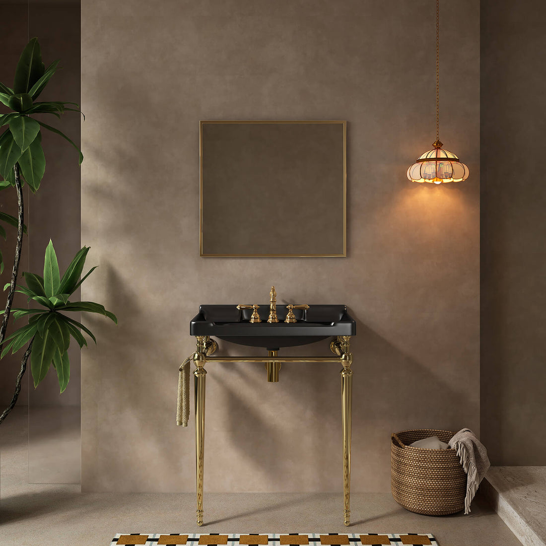 28 inch black ceramic sink with gold metal legs