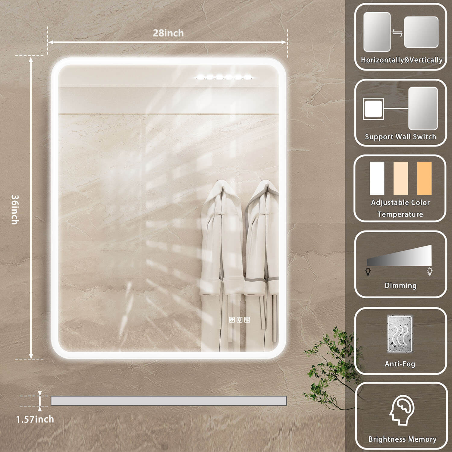 36&quot; x 28&quot; Rectangular Frameless Wall-Mount Anti-Fog LED Light Bathroom Mirror