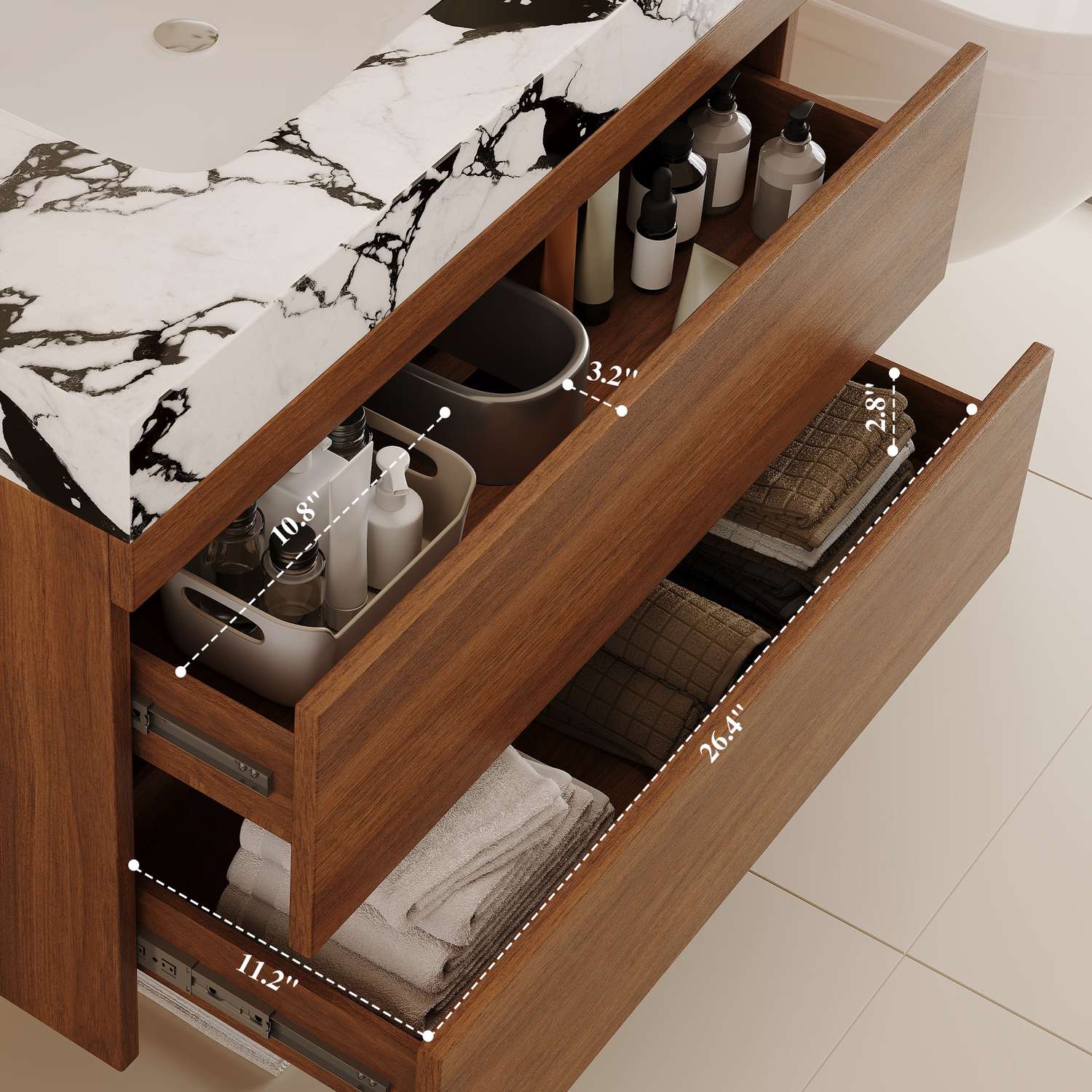 29.9 inch Bathroom Vanity Storage Drawer Dimensions Depth Capacity Detail