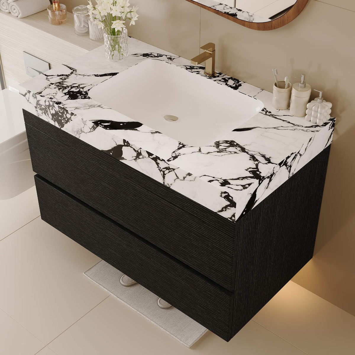 29.9 inch Black Floating Bathroom Vanity High Side Angle Perspective View