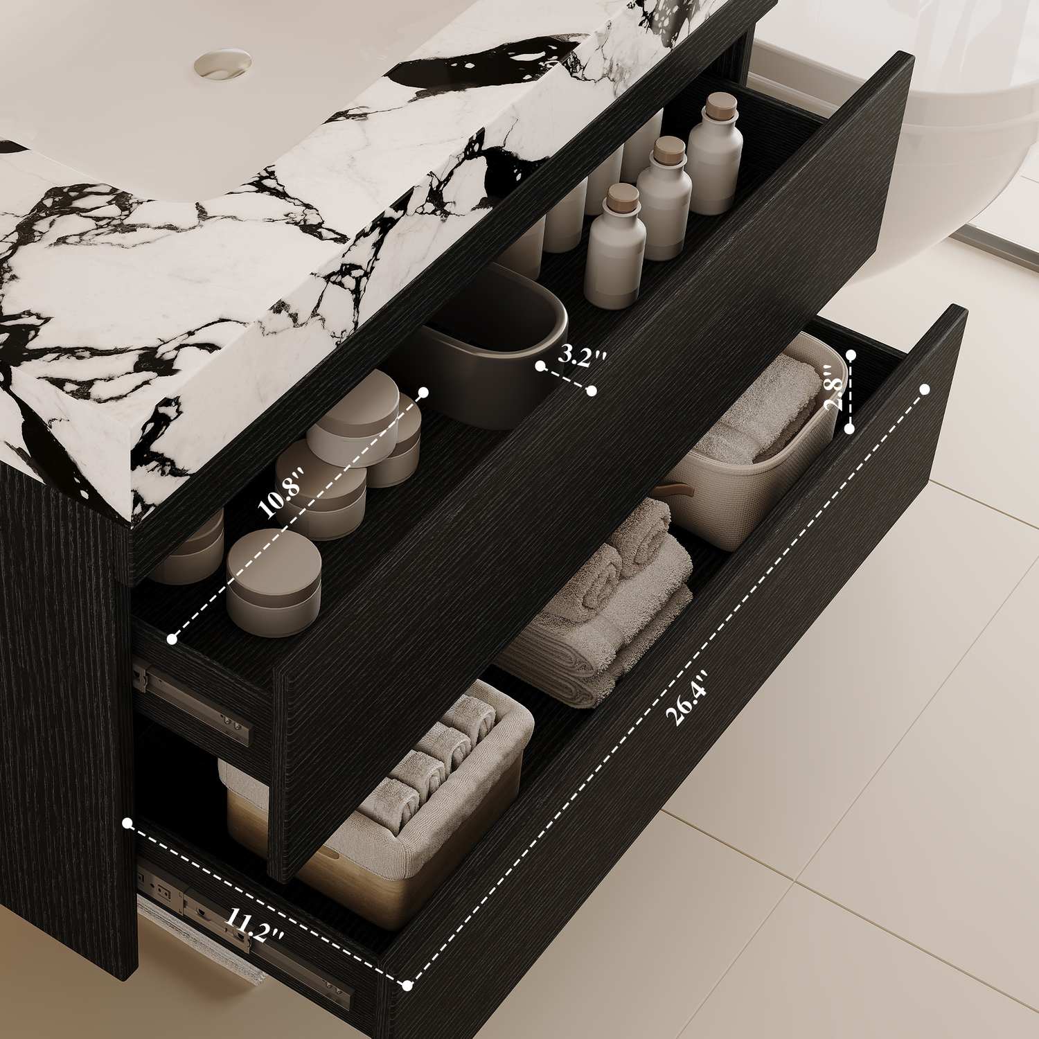 29.9 inch Black Floating Bathroom Vanity Internal Drawer Dimension Specifications