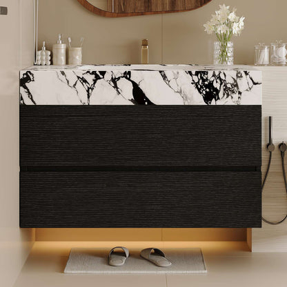 29.9 inch Black Wall Mounted Bathroom Vanity Front View Ambient Lighting