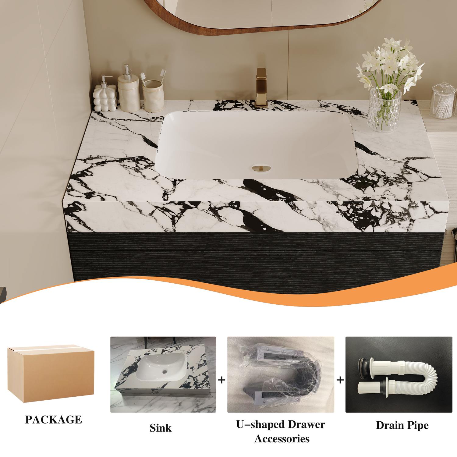 29.9 inch Black Wall Mounted Bathroom Vanity Package Content Ceramic Sink Included