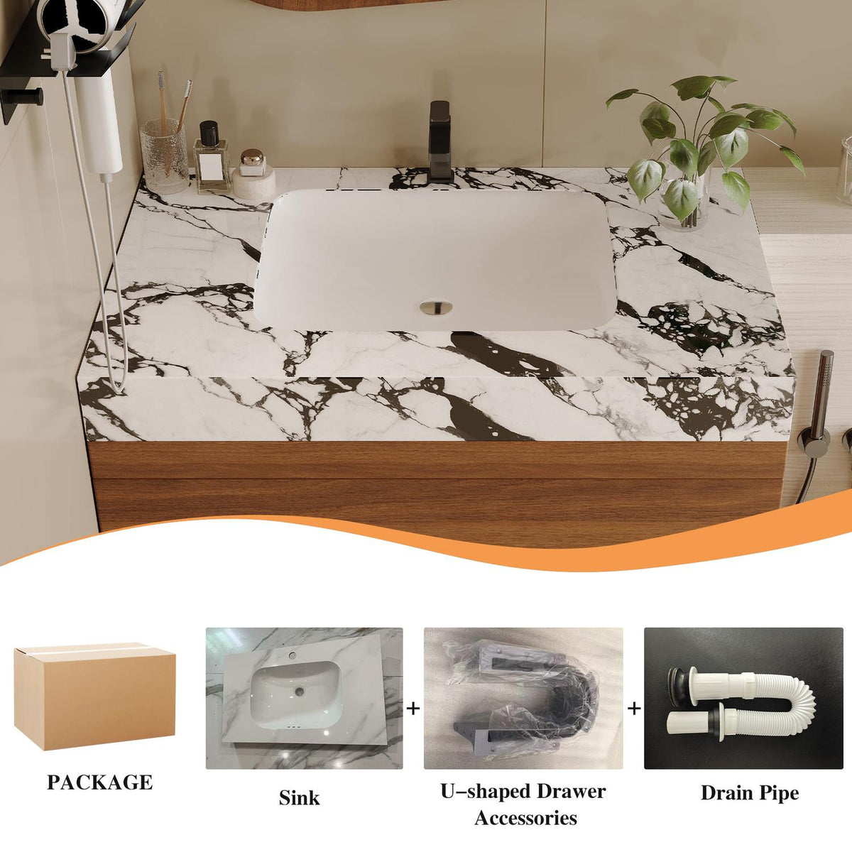 29.9 inch Ceramic Sink Top View Accessories Included Drain Pipe Package