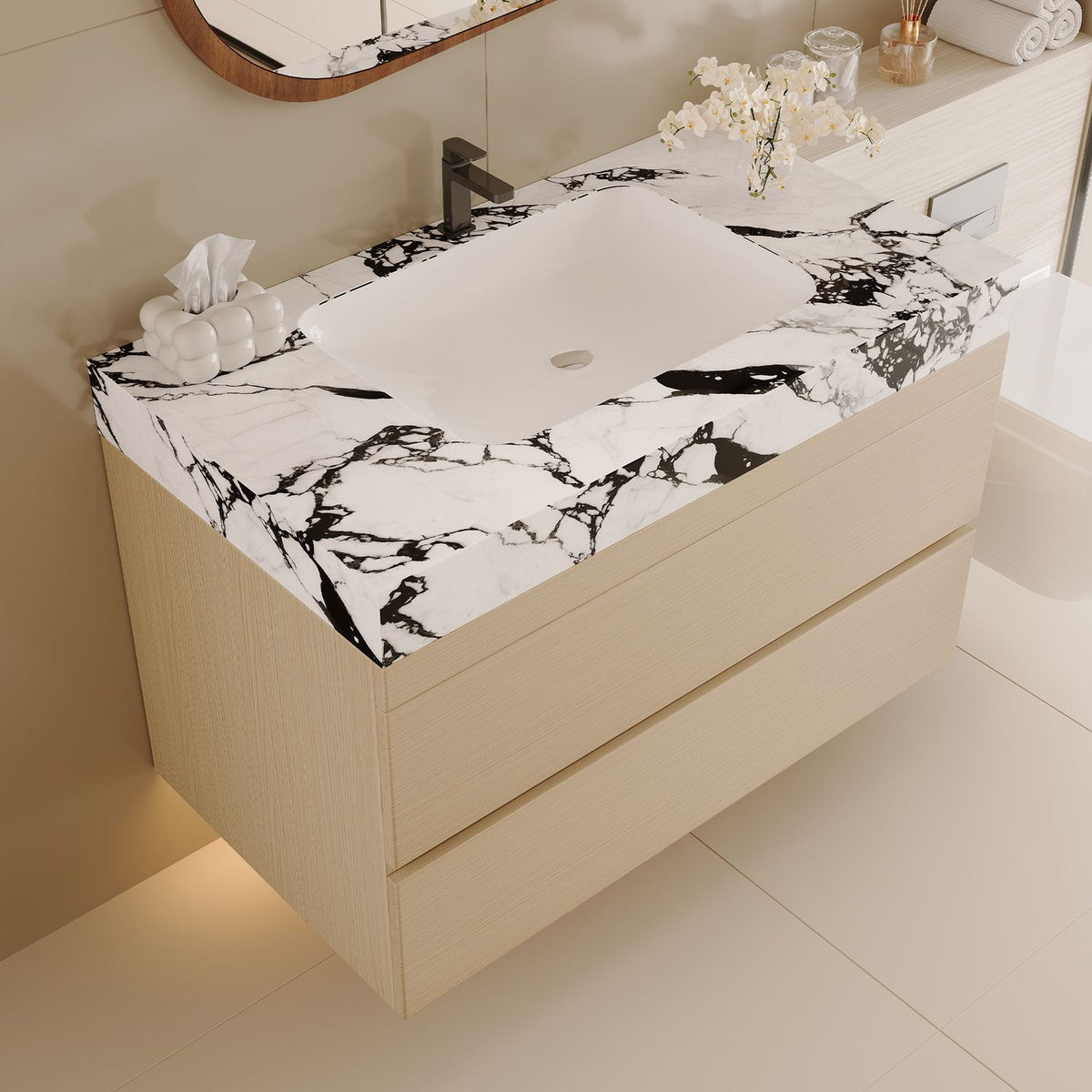29.9 inch Wall Mounted Cabinet Elevated Corner Angle View Wood Bathroom Vanity