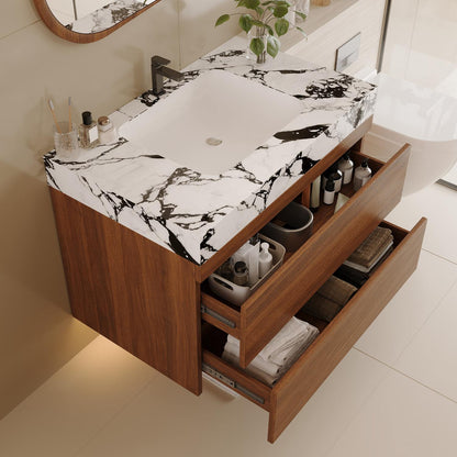 29.9 inch Walnut Floating Bathroom Vanity Open Double Drawers Storage Organization