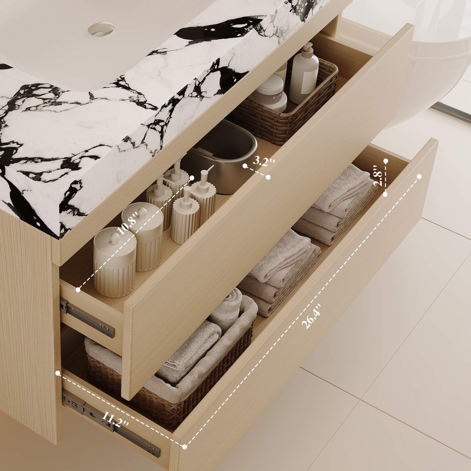 29.9 inch Wood Bathroom Vanity Drawer Storage Capacity Dimensions View