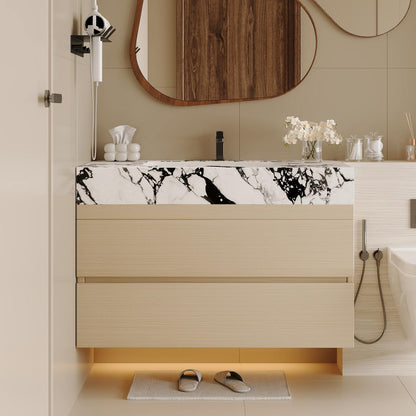 29.9 inch Wood Floating Bathroom Vanity Wall Mounted Cabinet Marble Look Top Scene View