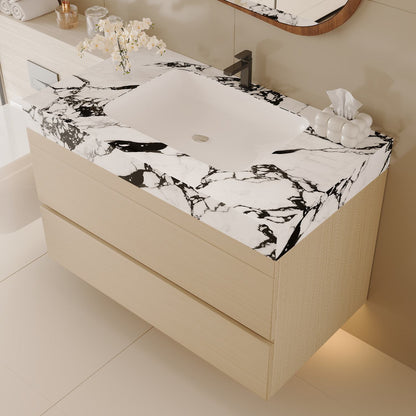 29.9 inch Wood Floating Vanity High Side Perspective View Marble Look Top