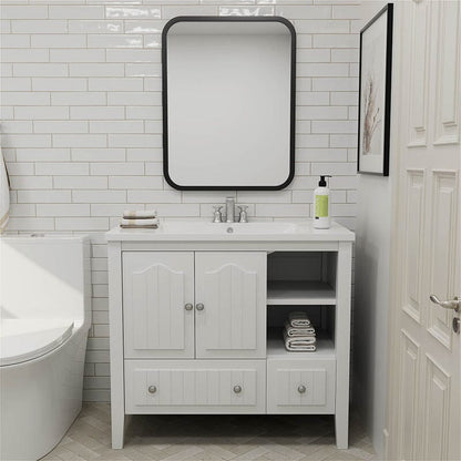 36&quot; White Bathroom Vanity with Ceramic Basin, Bathroom Storage Cabinet with Two Doors and Drawers